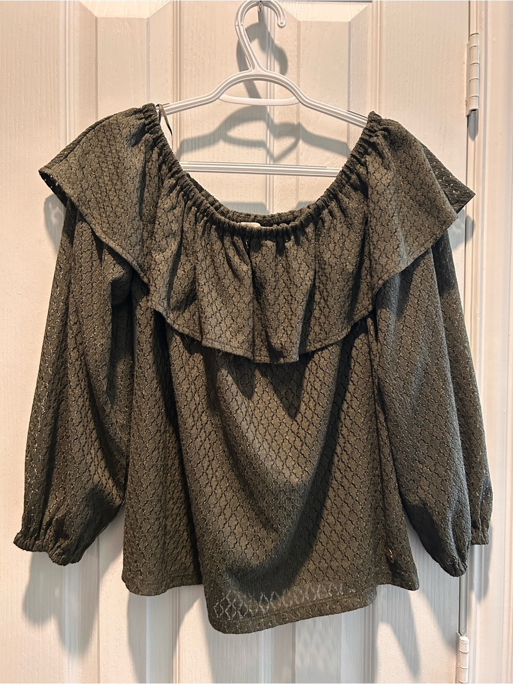 Michael Kors Olive Off-Shoulder Ruffle Peasant Blouse